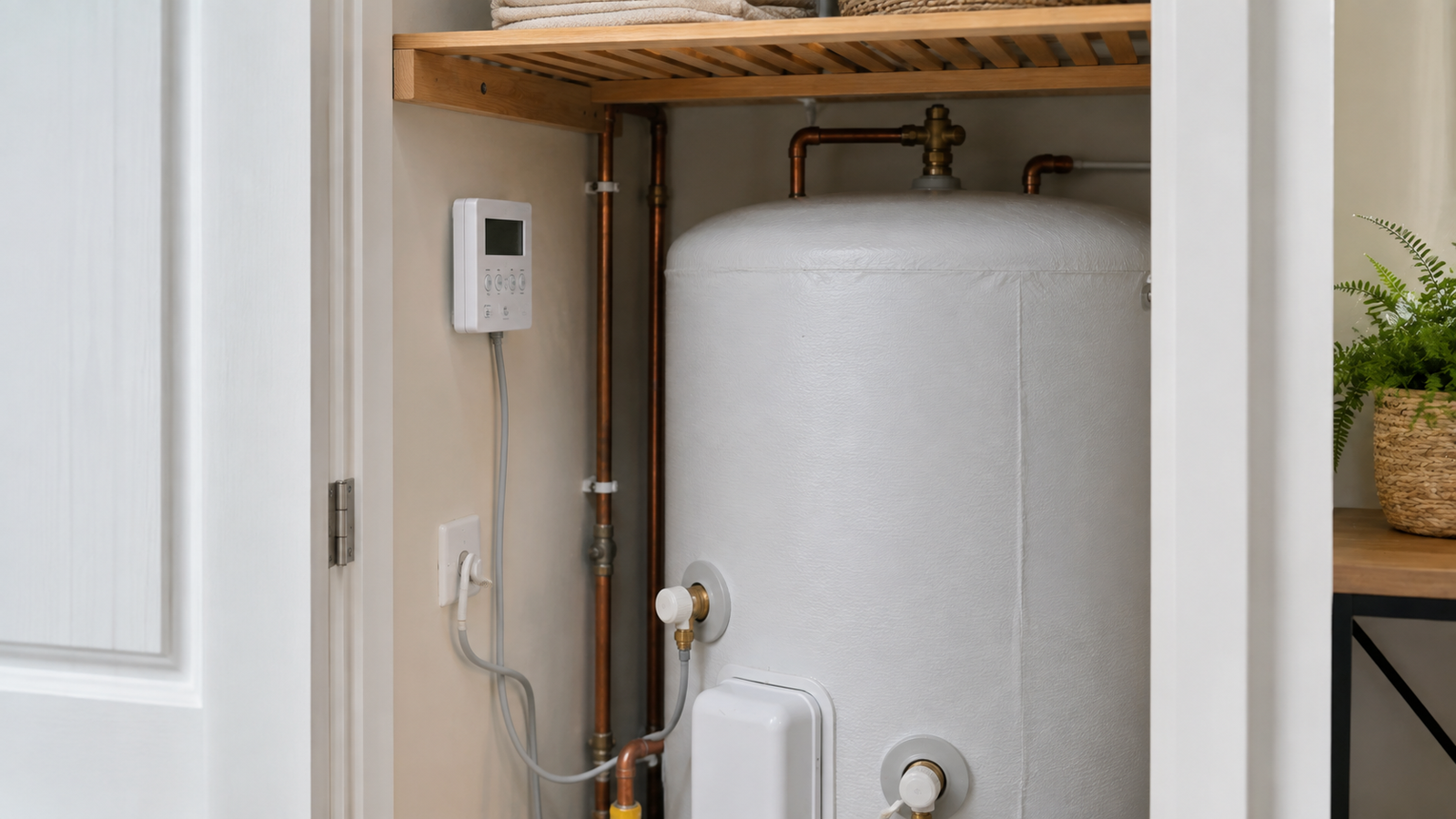 Wall-mounted immersion heater boost controller beside a hot water cylinder in a UK airing cupboard