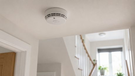 Ceiling-mounted interlinked smoke alarm in a UK hallway with a second alarm on the landing