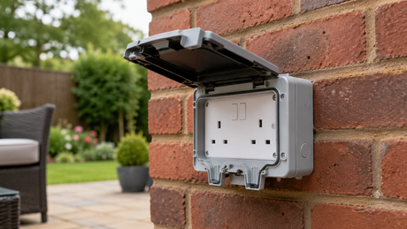 Weatherproof outdoor socket with its cover open on a red-brick UK house wall beside a patio