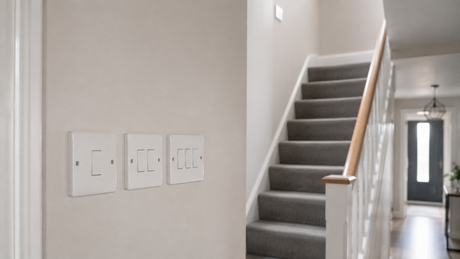 Light switch plates on a UK hallway wall at the foot of a staircase with a landing switch above