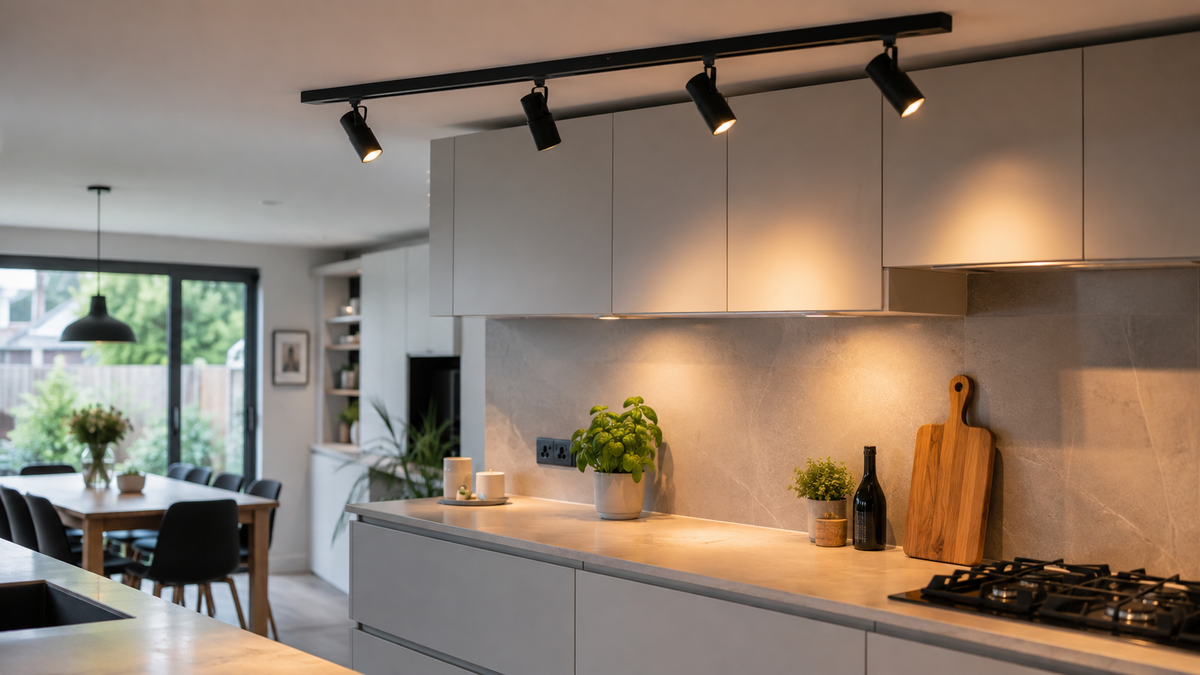 Black ceiling-mounted lighting track with adjustable spotlights above a modern UK kitchen-diner