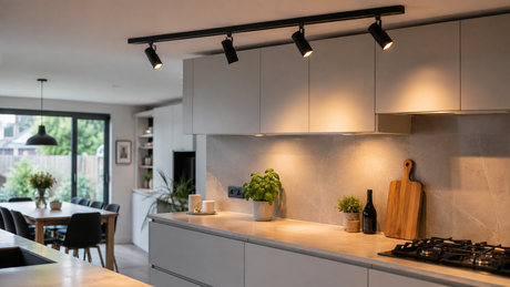 Black ceiling-mounted lighting track with adjustable spotlights above a modern UK kitchen-diner
