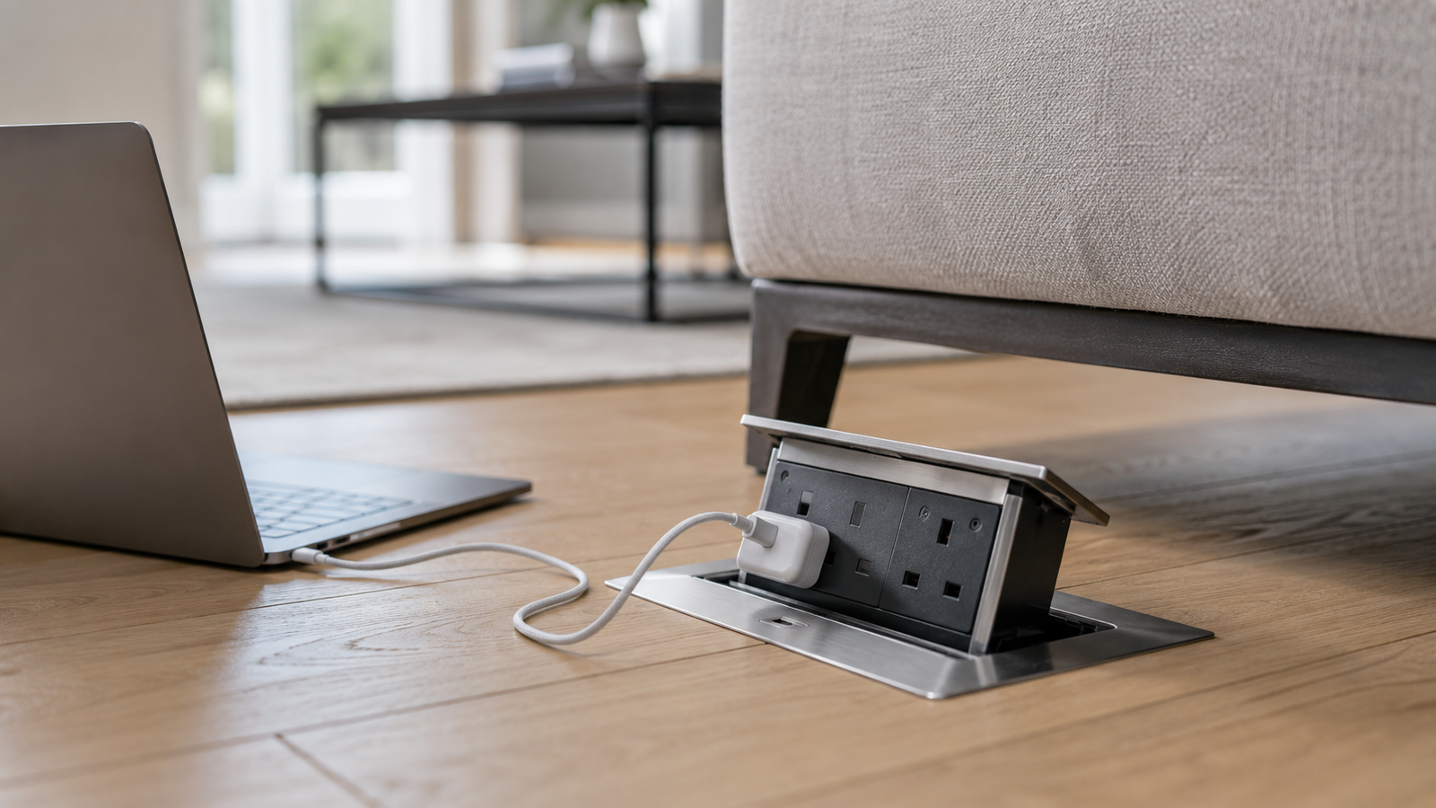 Brushed steel pop-up socket raised flush from an oak floor beside a sofa in a UK living room
