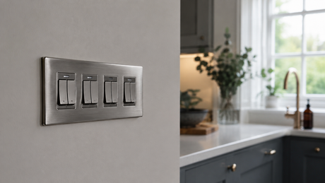 Multi-gang brushed steel grid switch plate above a worktop in a modern UK kitchen