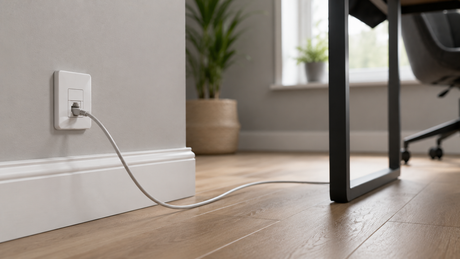 White RJ45 ethernet wall socket at skirting height in a UK home office with a patch lead plugged in