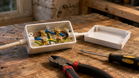 Four-terminal junction box open on a workbench with cable cores terminated into brass screw terminals