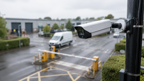 ANPR camera on a pole-mounted bracket overlooking a car park entrance barrier
