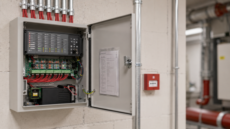 Addressable fire alarm control panel open on a plant room wall showing loop terminal blocks