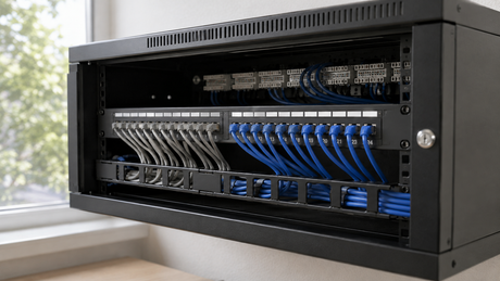 24-port Cat6 patch panel mounted in a wall cabinet with patch leads dressed to one side