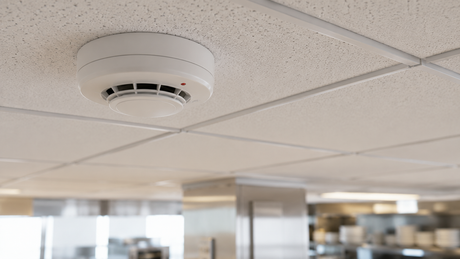 Circular white ceiling-mounted heat detector on a commercial suspended ceiling tile