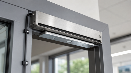 Slimline monitored magnetic door lock and armature plate fitted to the head of a commercial door frame