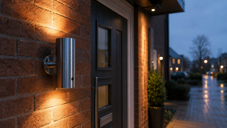 Stainless steel up and down exterior wall light beside a British front door at dusk