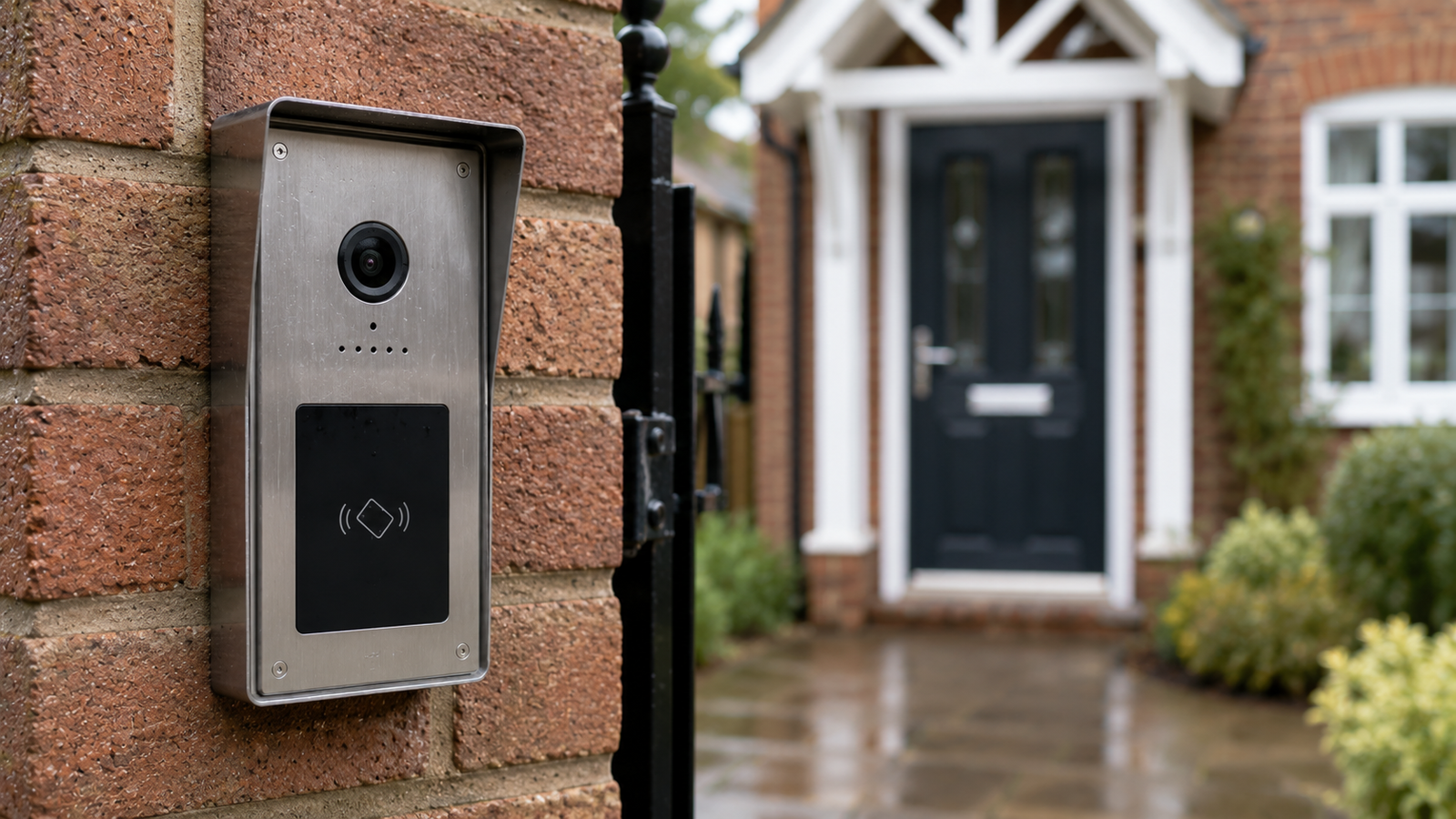 Stainless IP video door station mounted on the brick pier of a house gateway with a rain shield above it