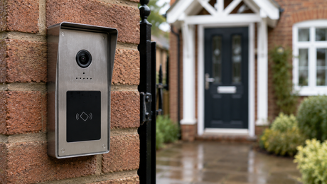 Stainless IP video door station mounted on the brick pier of a house gateway with a rain shield above it