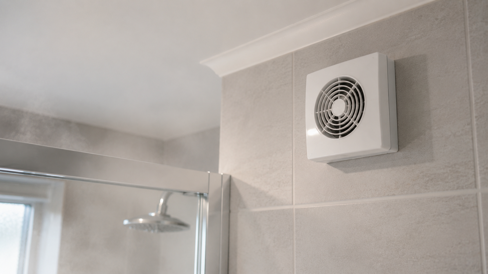 White 100mm extractor fan mounted on a tiled bathroom wall above a shower enclosure