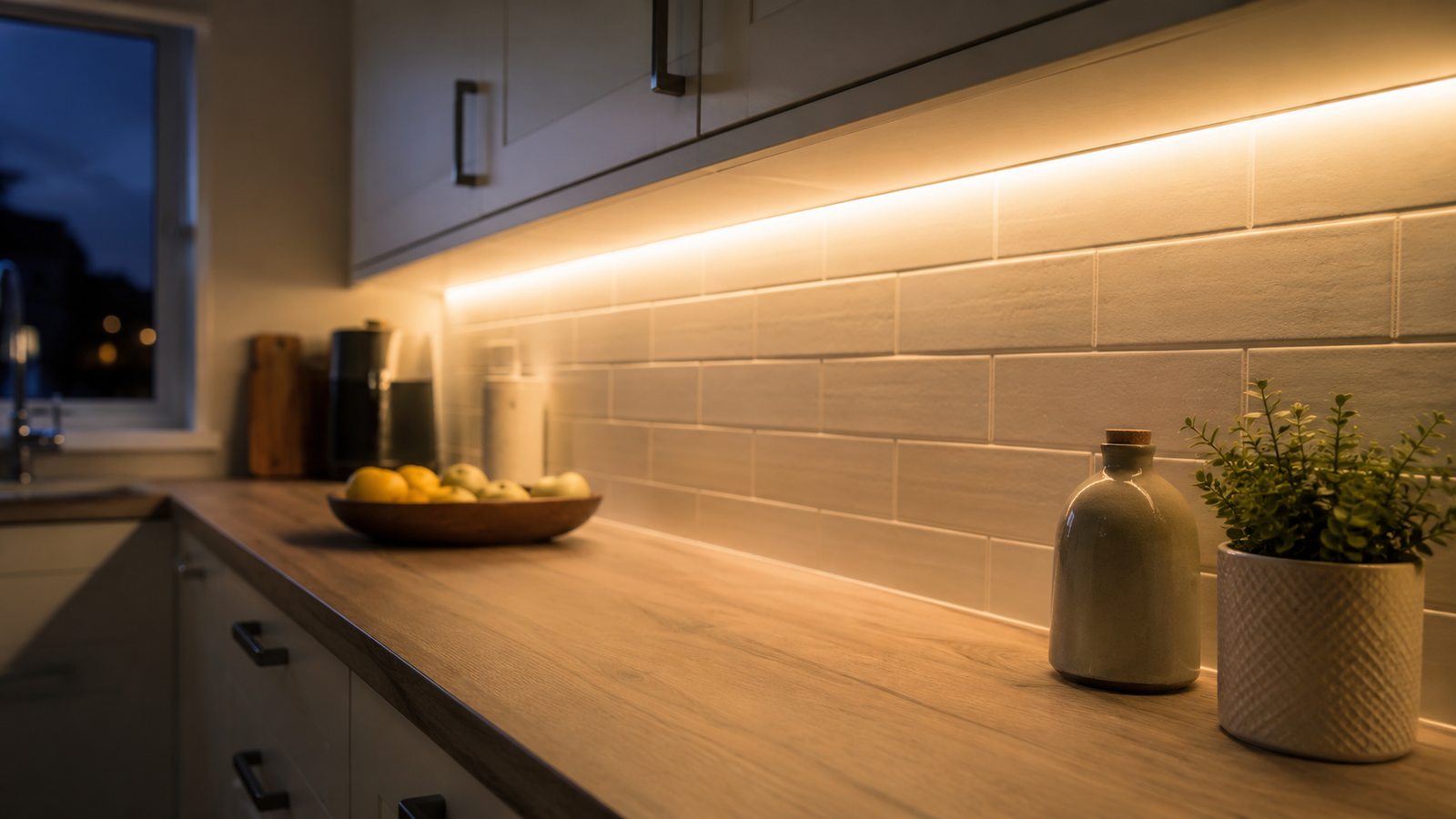 Warm white linkable LED striplight fitted under a kitchen wall unit, lighting the worktop below