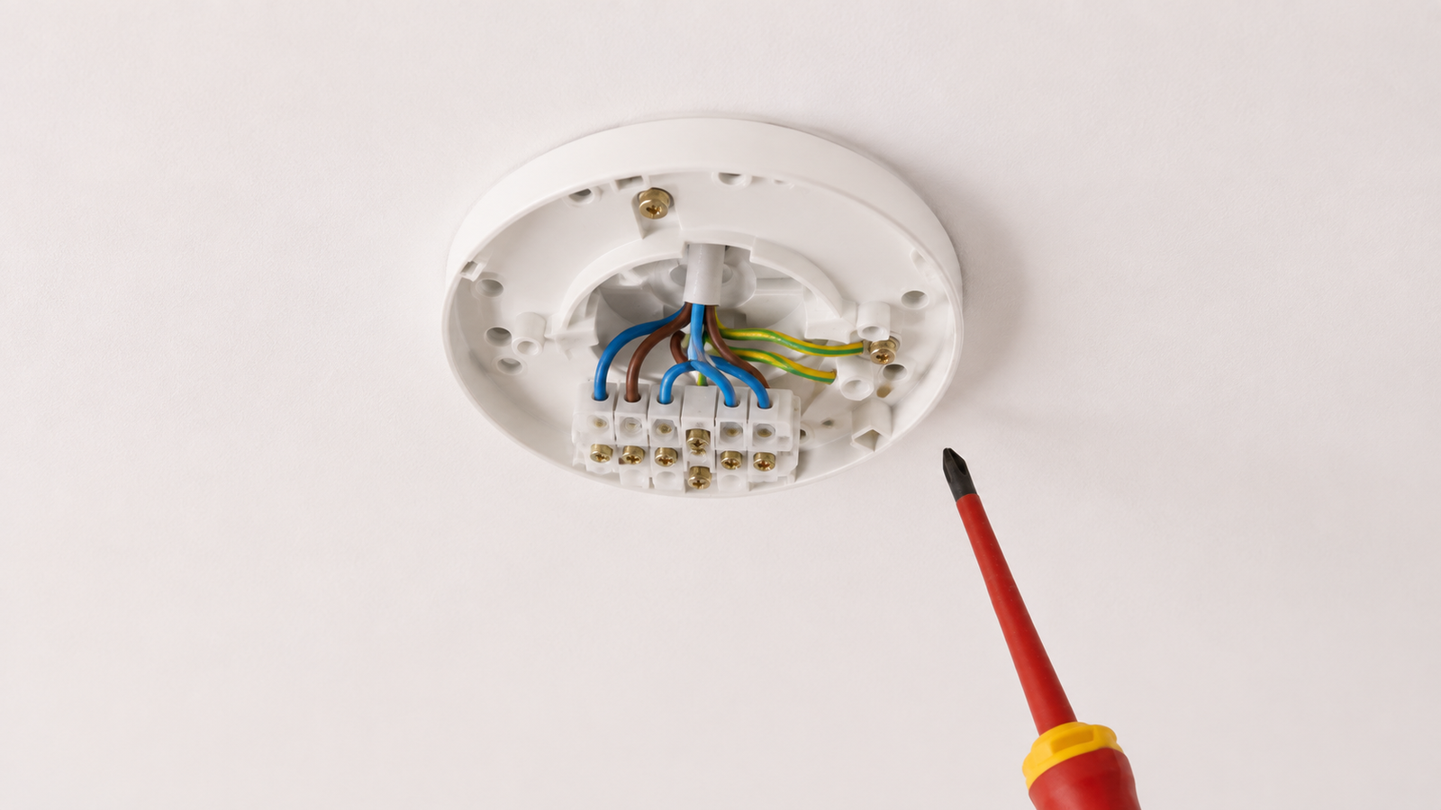 Three-plate ceiling rose with its cover removed, showing the terminal block and wiring