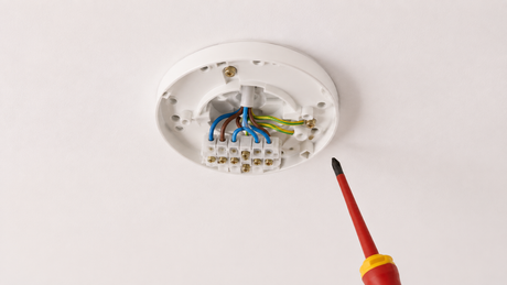 Three-plate ceiling rose with its cover removed, showing the terminal block and wiring