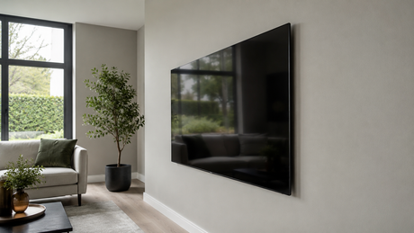 Large flat-screen TV mounted flush on a plain living-room wall