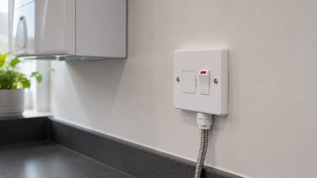 White switched fused spur unit on a kitchen wall above the worktop