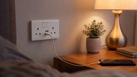 White double wall socket with integrated USB ports beside a bedside table