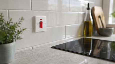 White 45A cooker switch with a red rocker on a tiled kitchen wall above a worktop