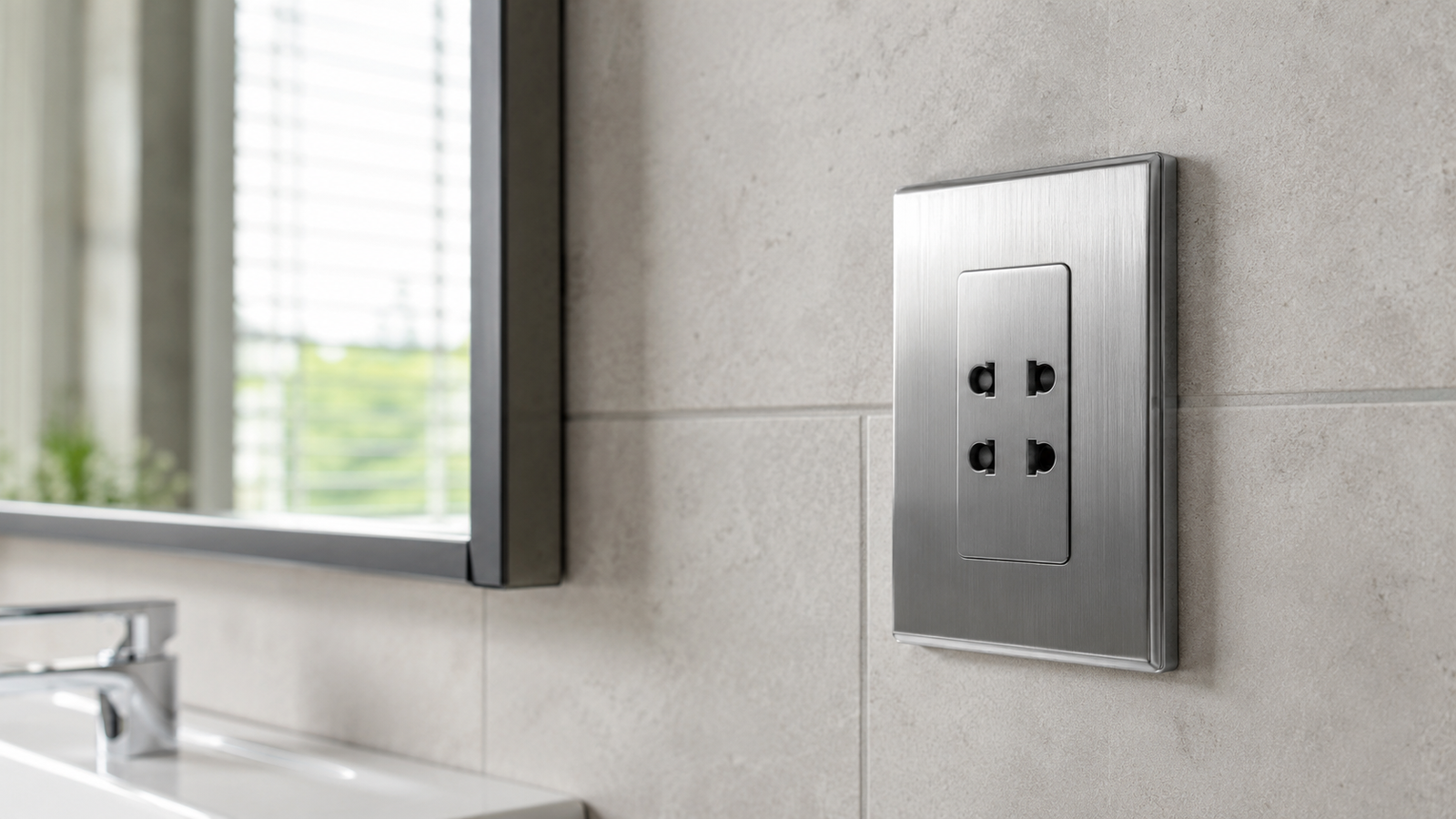Brushed chrome shaver socket on a tiled bathroom wall beside a mirror and basin