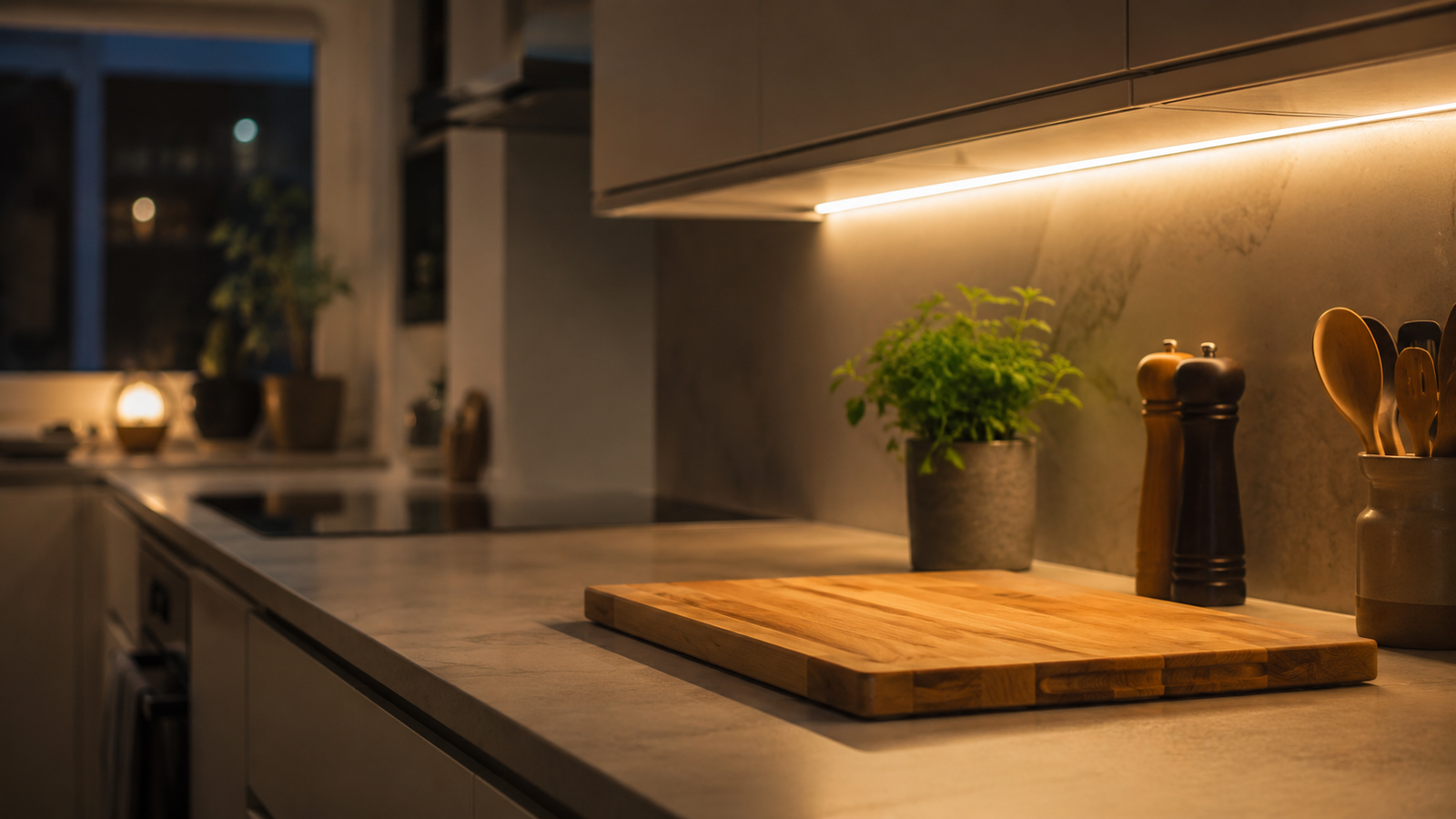 Warm LED under-cabinet lighting glowing over a kitchen worktop in the evening