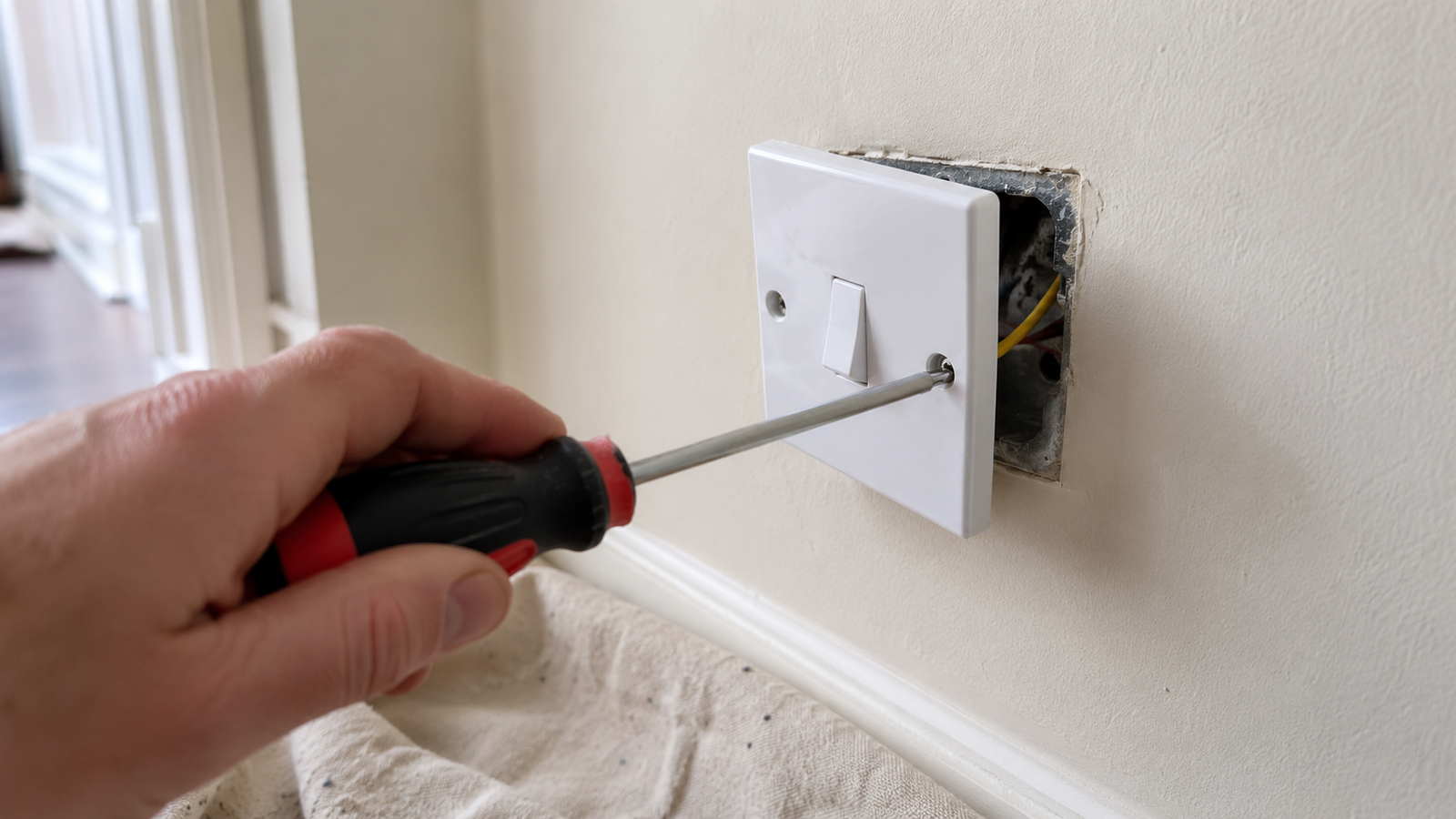 Removing the faceplate of a UK light switch with a screwdriver to replace it