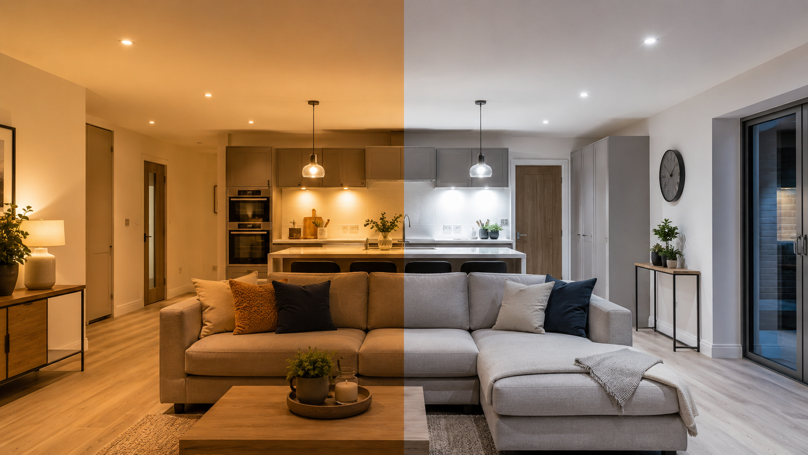 A UK living-kitchen split into warm white light on one side and cool white on the other