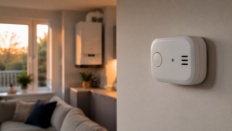 Wall-mounted carbon monoxide alarm at head height in a UK living room