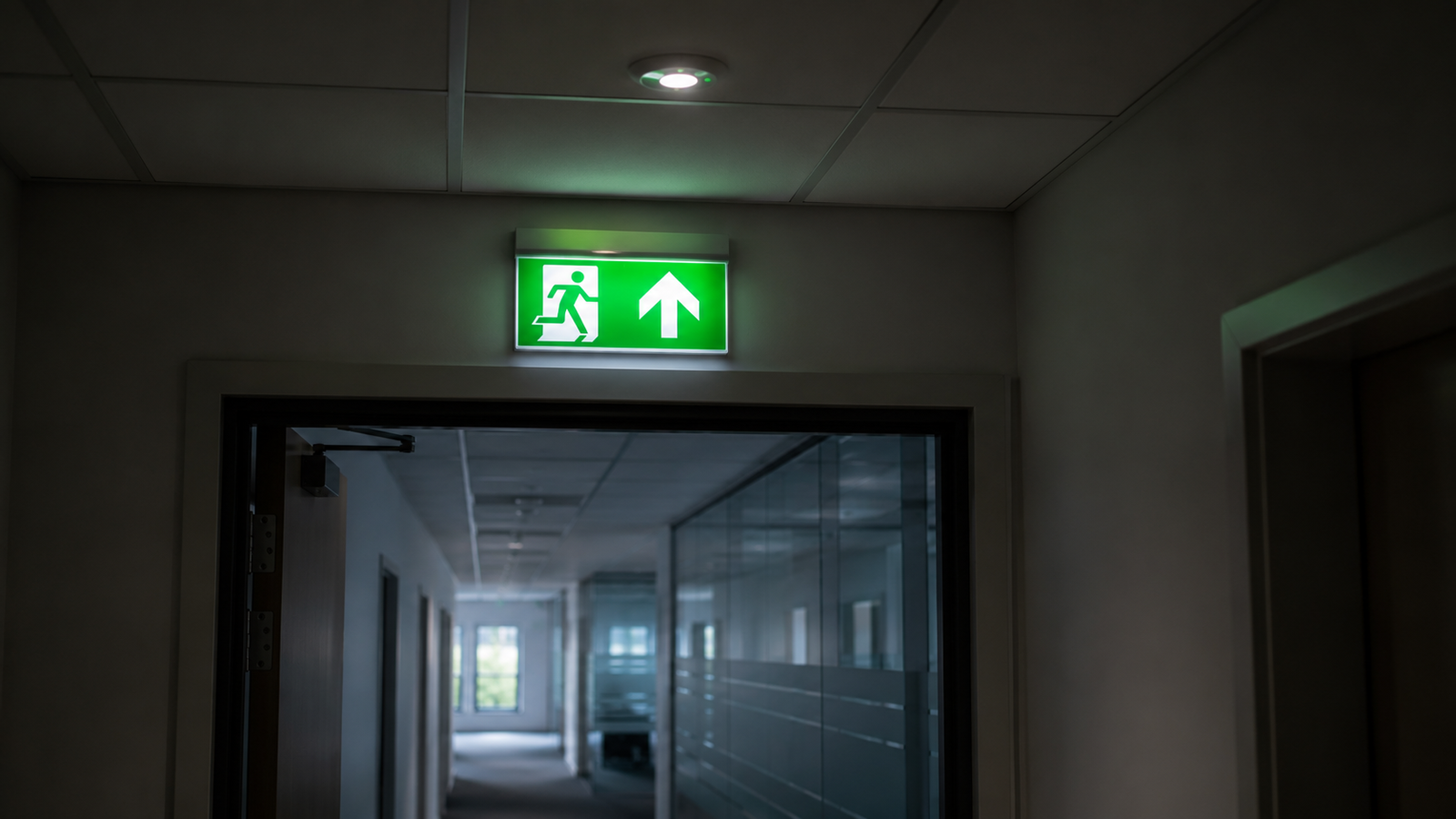 Illuminated running-man emergency exit sign in a commercial corridor