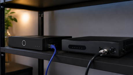 An NVR and a DVR CCTV recorder side by side, one connected by Ethernet and one by coax cable