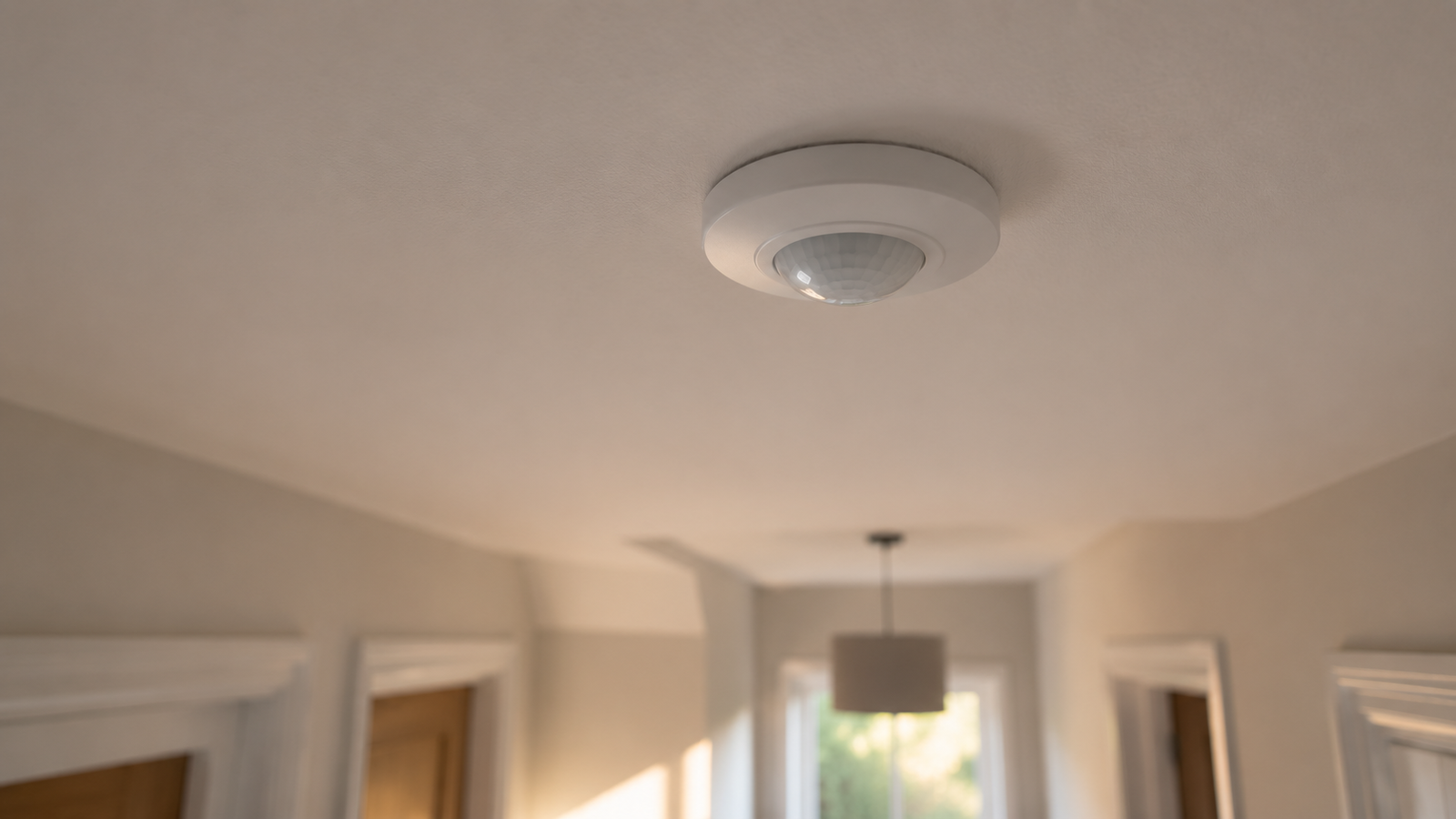 White ceiling-mounted 360 degree PIR sensor recessed into a plasterboard ceiling in a domestic hallway