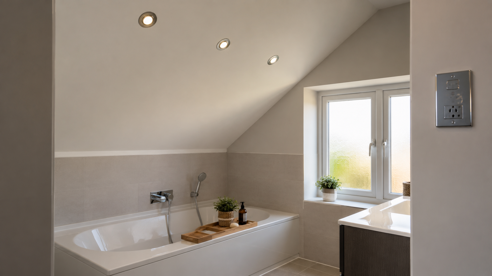 Modern British bathroom with a white bath under a sloped ceiling and three recessed chrome-bezel downlights in a row