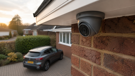 Grey turret CCTV camera mounted under the white soffit of a British detached house, angled down over a block-paved driveway