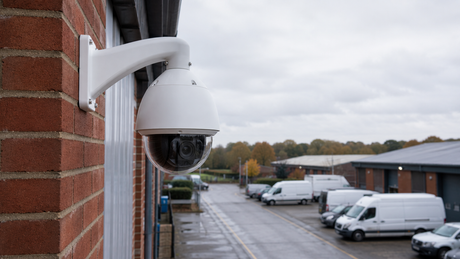 White dome-housed PTZ speed dome camera on a long-arm wall bracket high on the corner of a red-brick industrial unit overlooking a yard