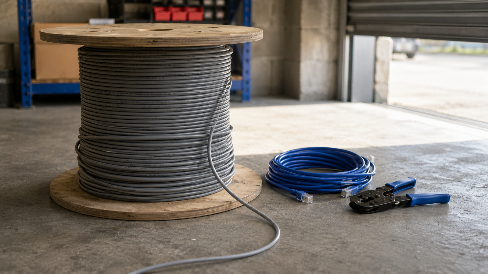 Part-unrolled 305m drum of grey network cable on a workshop floor beside a coil of blue patch leads and an RJ45 crimp tool