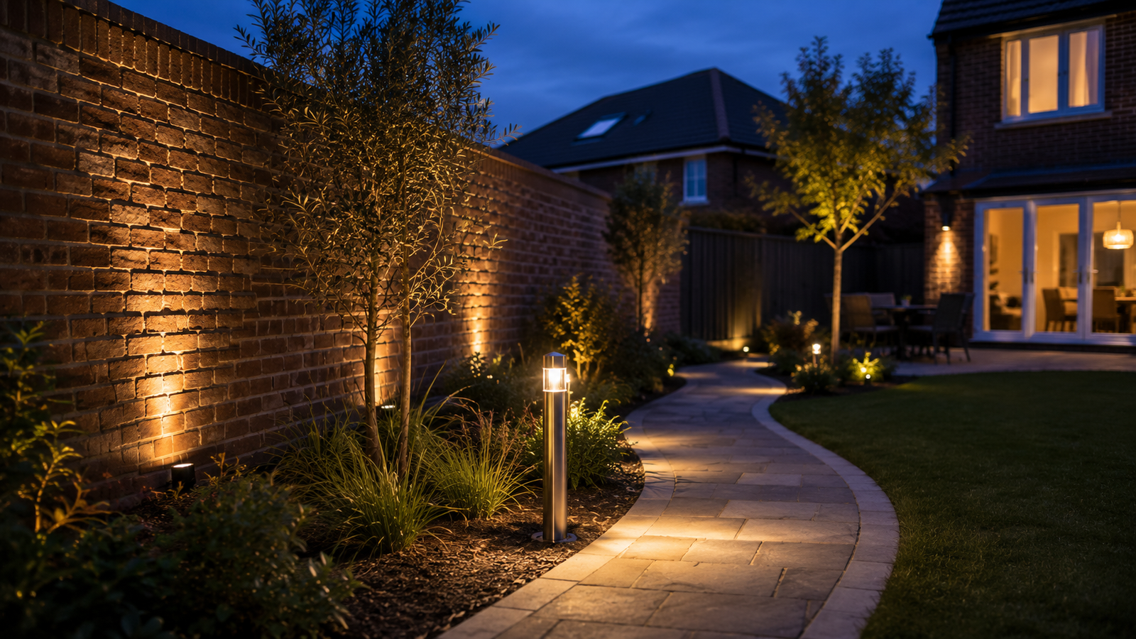 British back garden at blue hour with a brick wall grazed by low spike lights and a stainless bollard lighting a curved path