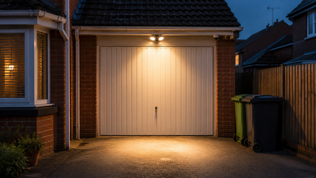Closed white up-and-over garage door on a red-brick British semi at dusk with a twin-head security light casting a pool on the driveway