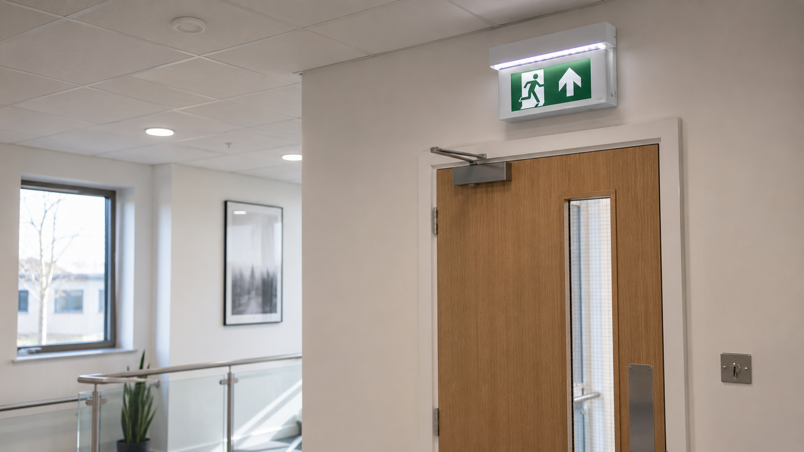 White LED emergency exit sign with a running-man legend above a fire door in a UK office corridor, key-switch plate on the wall below