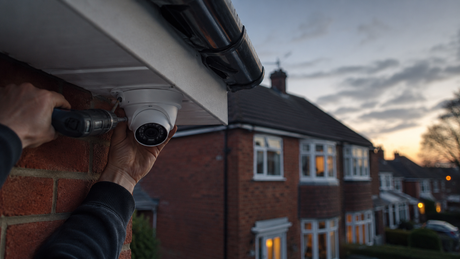 Installing a white turret CCTV camera under the eaves of a red-brick UK home