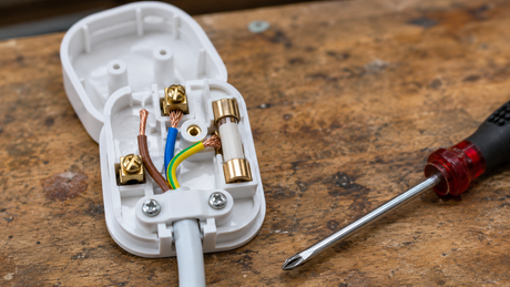 An opened UK 3-pin plug on a workbench with brown, blue and green-yellow wires ready to connect