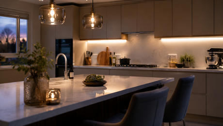 A modern UK kitchen at evening with warm under-cabinet LED strips, pendants over the island and recessed downlights