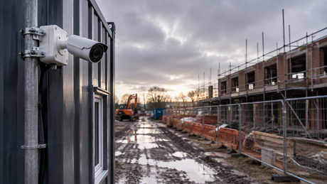 Muddy UK construction site at dawn with a white bullet CCTV camera on a scaffold-pole mount beside a steel site office