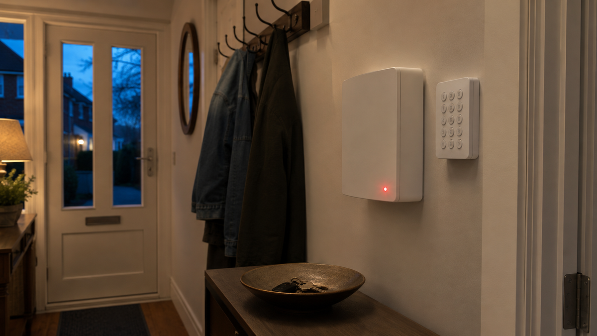 White wireless alarm control panel and keypad mounted by the front door of a UK hallway at dusk