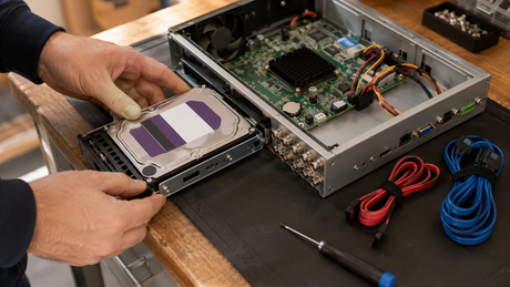 Surveillance hard drive being fitted into an open CCTV recorder on a workbench