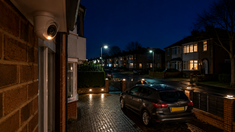 UK driveway at night shown in full colour under a white turret camera with wet block paving and a parked hatchback
