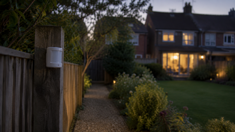 Compact white wireless outdoor motion detector mounted on a timber fence post beside a garden path at dusk