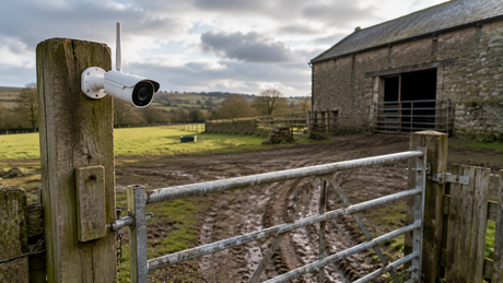 White 4G camera with aerial mounted high on a weathered gatepost at a farmyard entrance with a stone barn behind